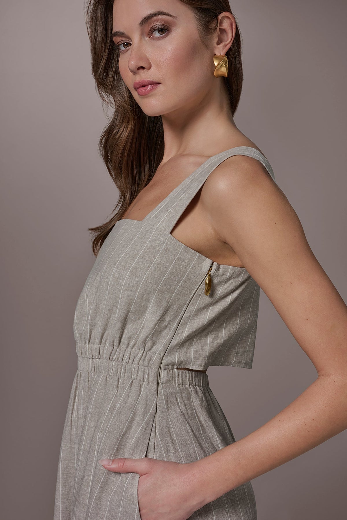 LINEN-BLEND PINSTRIPE CUTOUT MIDI DRESS