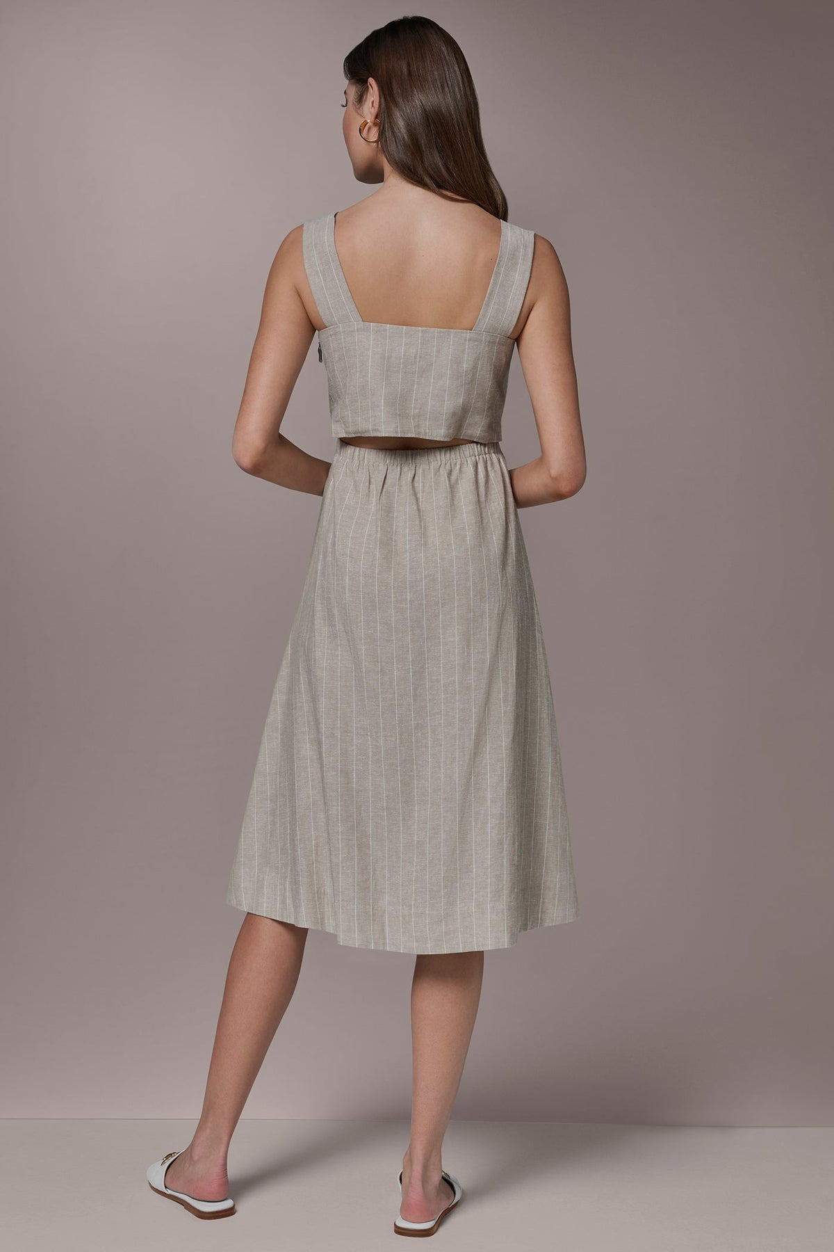 LINEN-BLEND PINSTRIPE CUTOUT MIDI DRESS