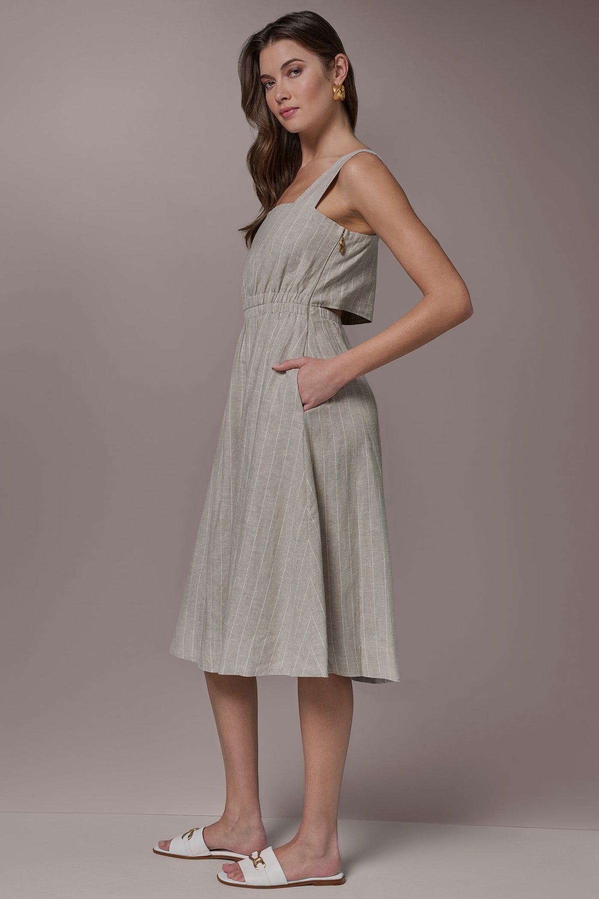 LINEN-BLEND PINSTRIPE CUTOUT MIDI DRESS
