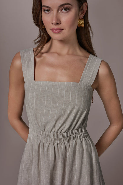 LINEN-BLEND PINSTRIPE CUTOUT MIDI DRESS