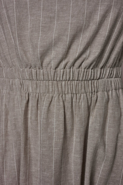 LINEN-BLEND PINSTRIPE CUTOUT MIDI DRESS
