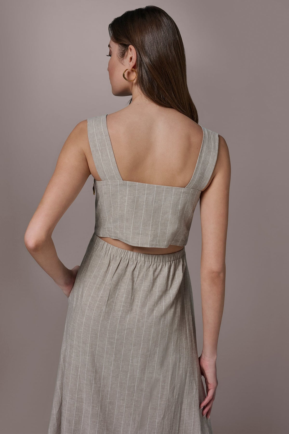 LINEN-BLEND PINSTRIPE CUTOUT MIDI DRESS