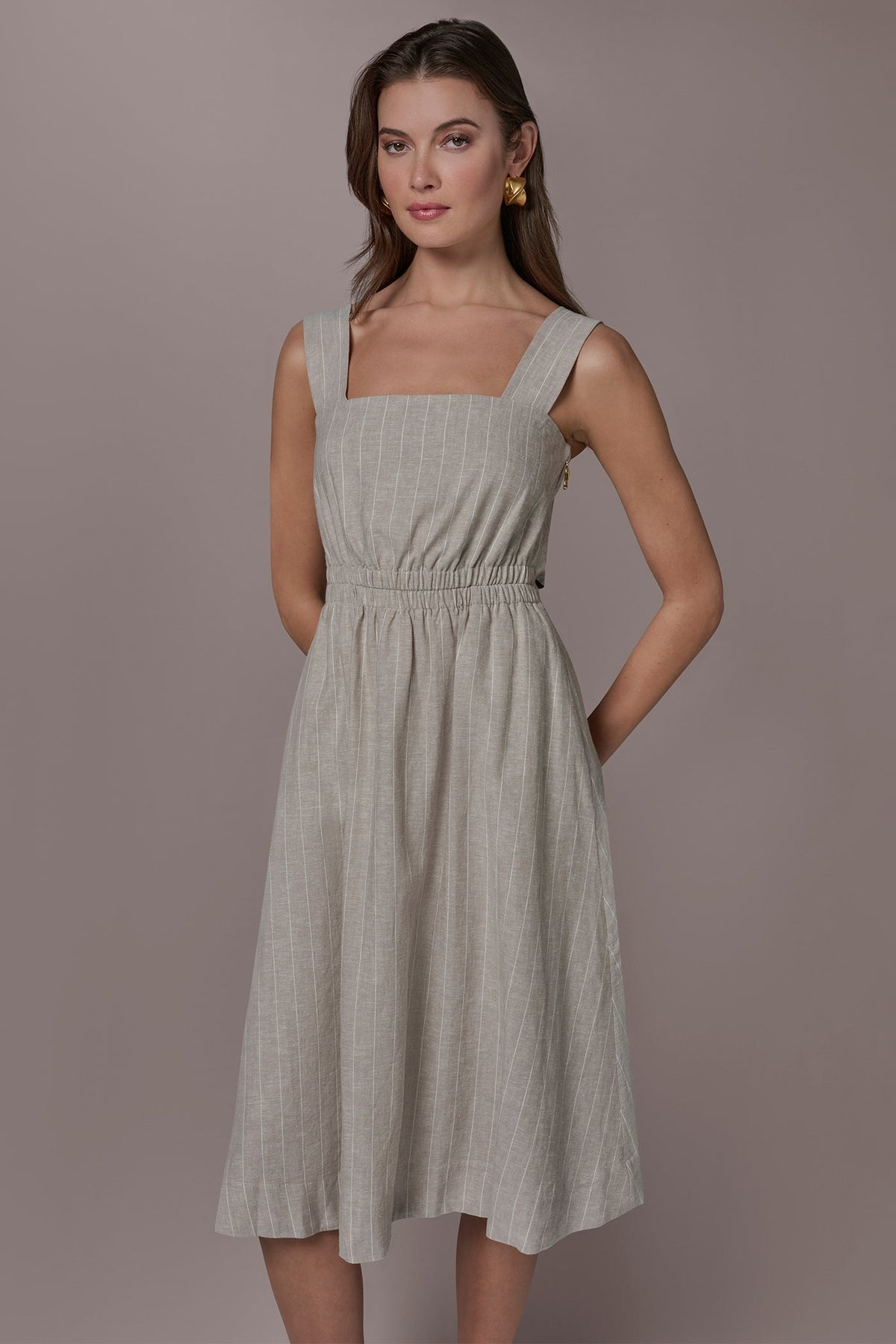 LINEN-BLEND PINSTRIPE CUTOUT MIDI DRESS