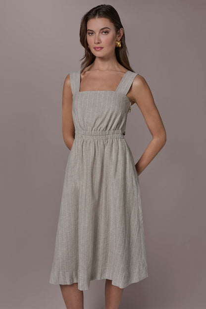 LINEN-BLEND PINSTRIPE CUTOUT MIDI DRESS