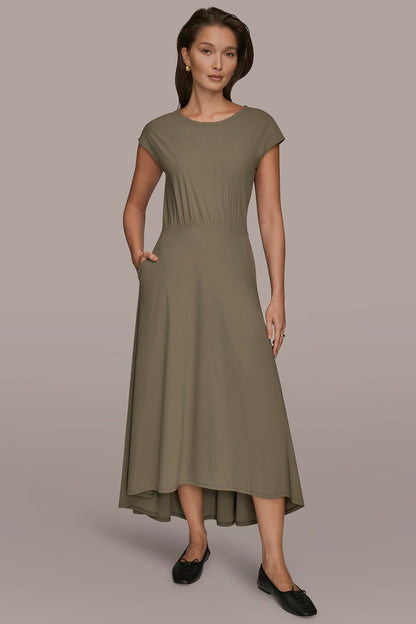 THE MODERN TRAVEL MIDI FIT AND FLARE DRESS