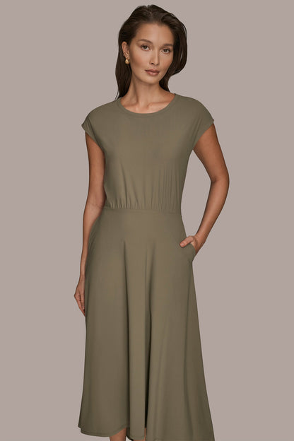 THE MODERN TRAVEL MIDI FIT AND FLARE DRESS