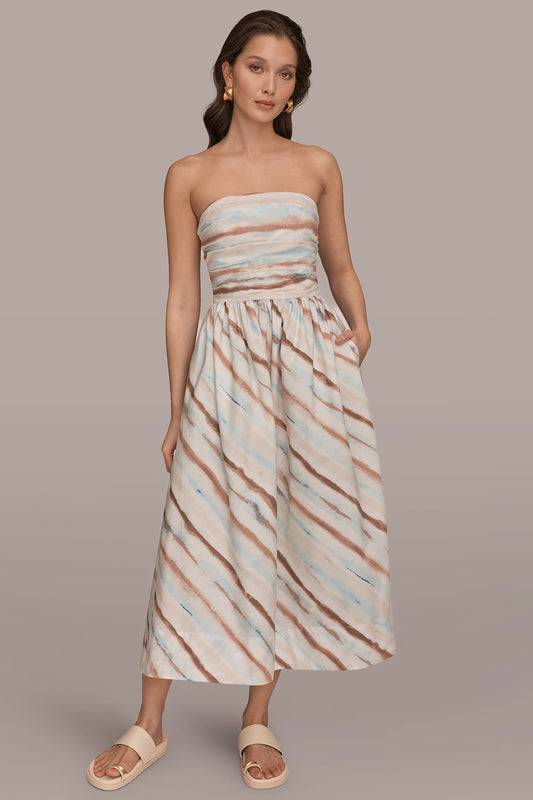 STRAPLESS PRINTED MIDI DRESS
