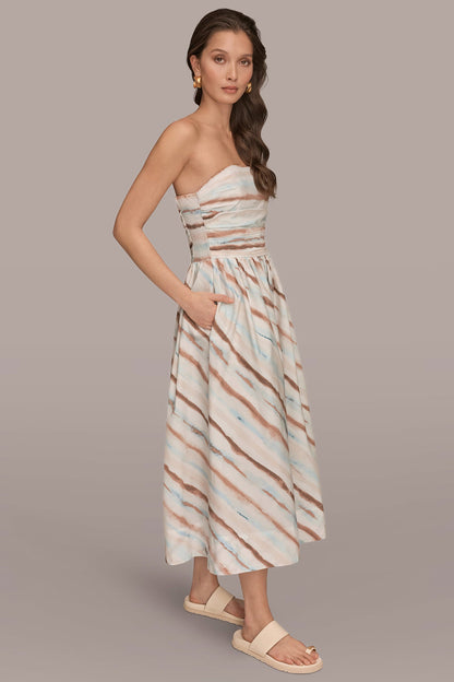 STRAPLESS PRINTED MIDI DRESS