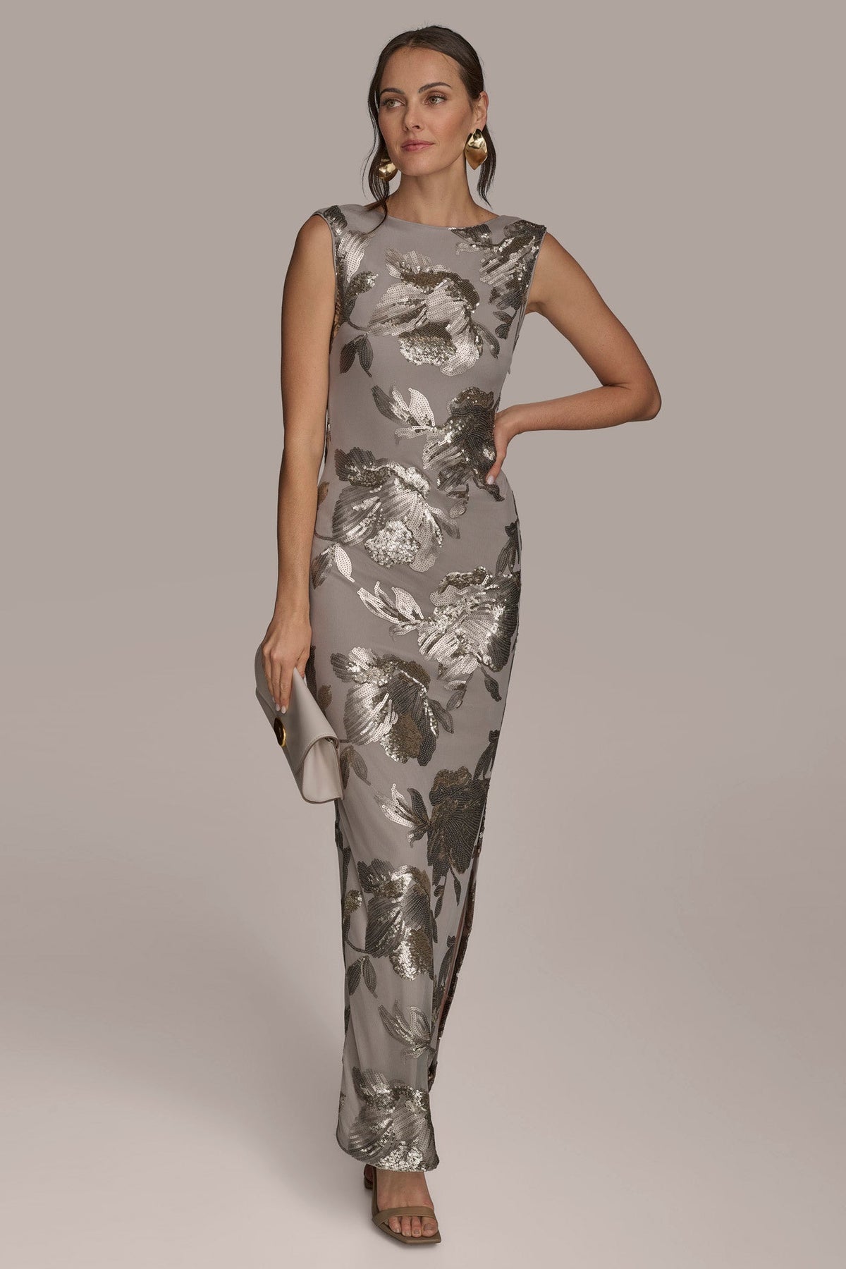 SLEEVELESS FLORAL SEQUIN COWL-BACK GOWN