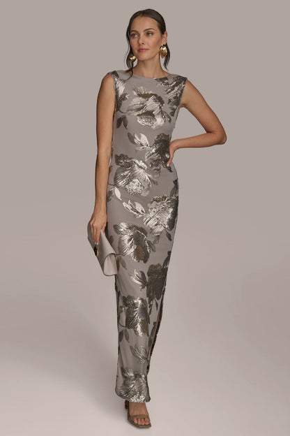 SLEEVELESS FLORAL SEQUIN COWL-BACK GOWN