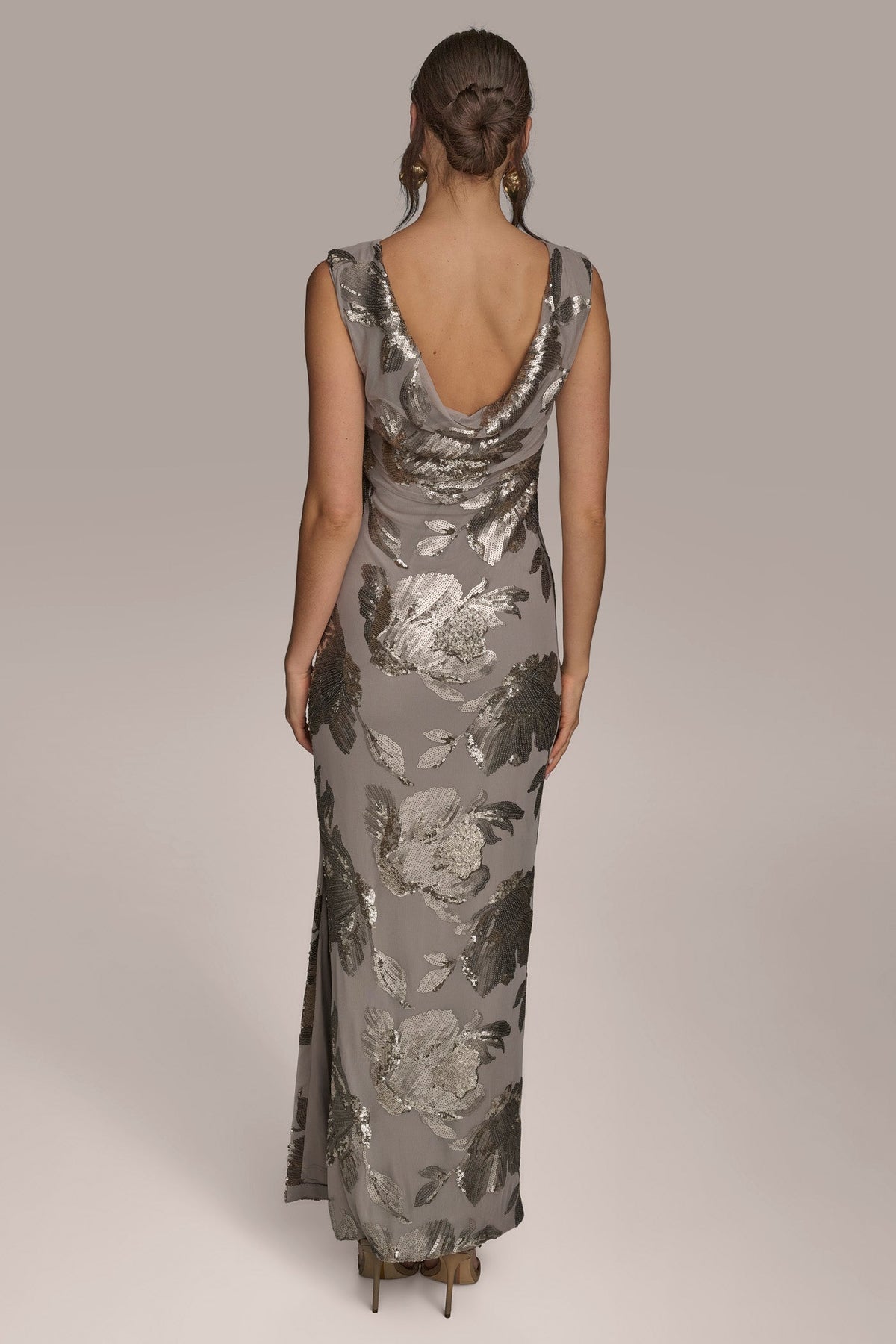 SLEEVELESS FLORAL SEQUIN COWL-BACK GOWN