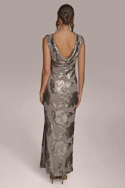 SLEEVELESS FLORAL SEQUIN COWL-BACK GOWN