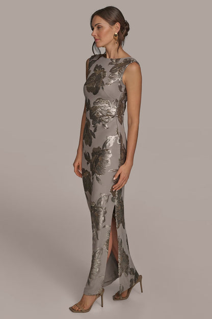 SLEEVELESS FLORAL SEQUIN COWL-BACK GOWN