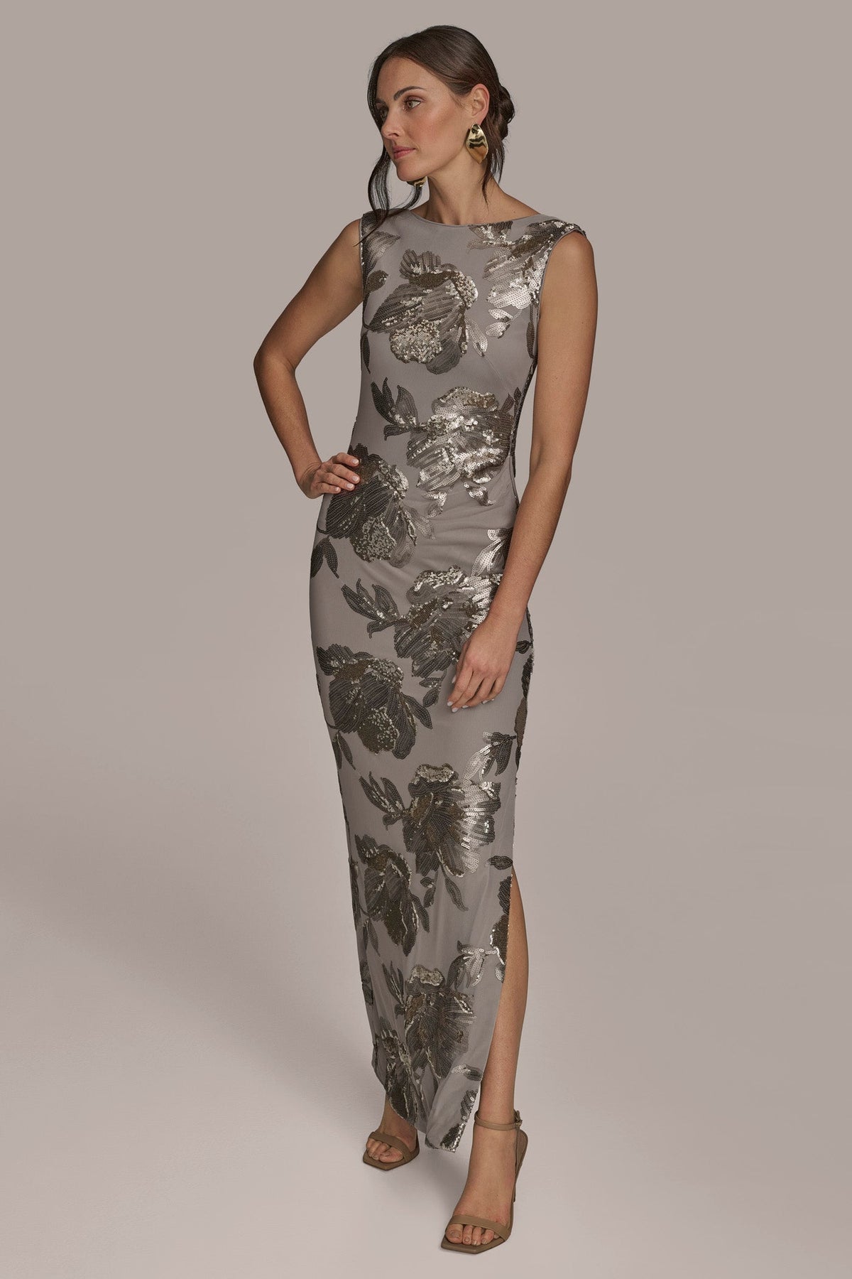 SLEEVELESS FLORAL SEQUIN COWL-BACK GOWN