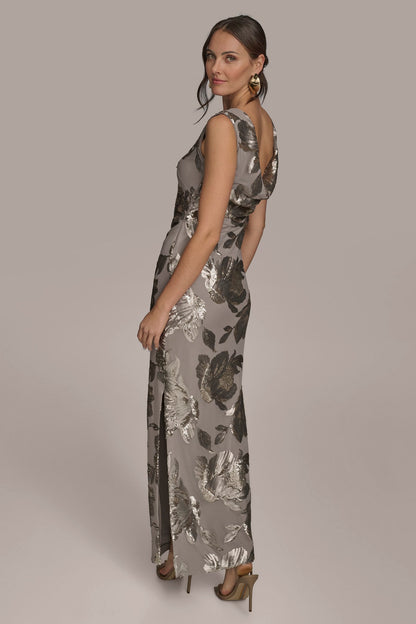 SLEEVELESS FLORAL SEQUIN COWL-BACK GOWN