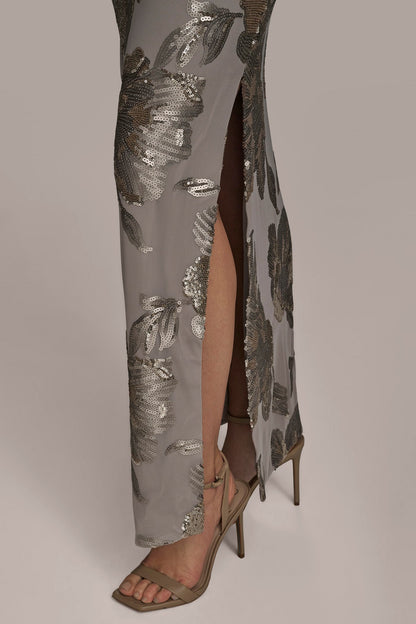 SLEEVELESS FLORAL SEQUIN COWL-BACK GOWN