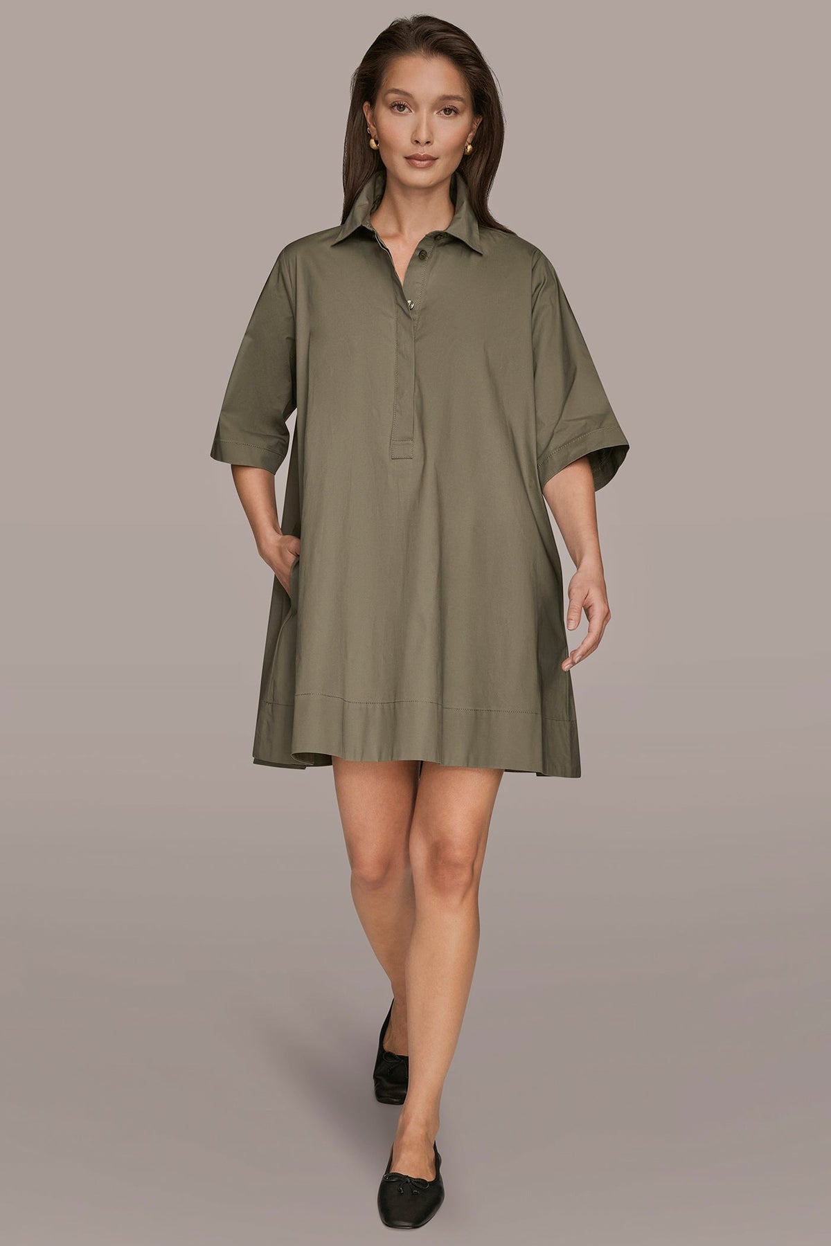 ELBOW-SLEEVE MINI SHIRT DRESS