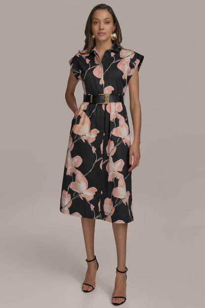 SATEEN CAP SLEEVE PRINTED SHIRT DRESS