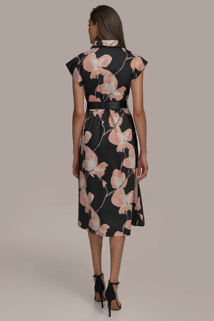 SATEEN CAP SLEEVE PRINTED SHIRT DRESS