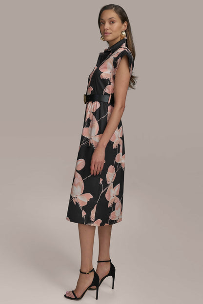 SATEEN CAP SLEEVE PRINTED SHIRT DRESS