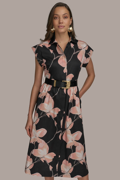 SATEEN CAP SLEEVE PRINTED SHIRT DRESS