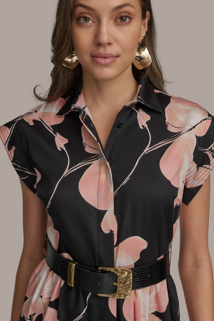 SATEEN CAP SLEEVE PRINTED SHIRT DRESS