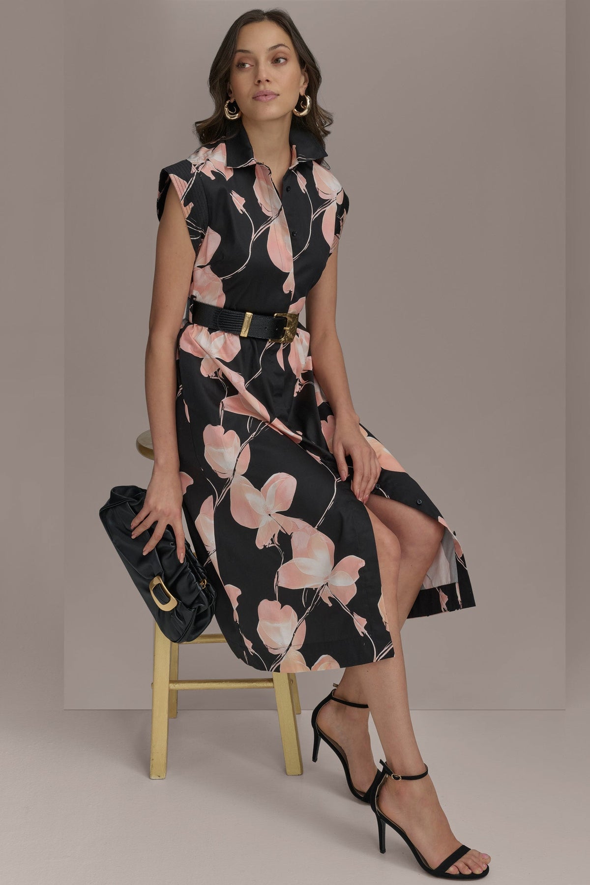 SATEEN CAP SLEEVE PRINTED SHIRT DRESS