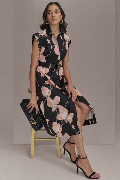 SATEEN CAP SLEEVE PRINTED SHIRT DRESS