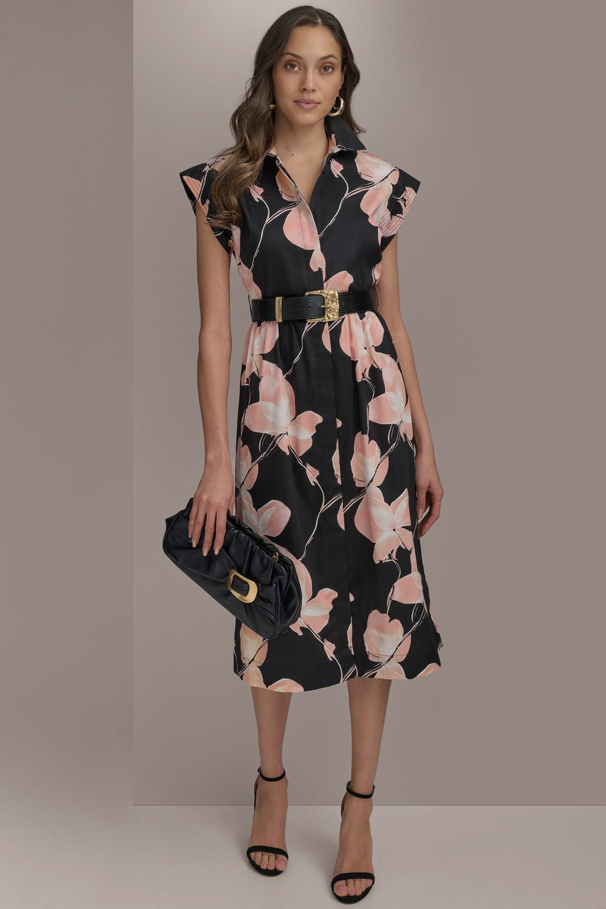 SATEEN CAP SLEEVE PRINTED SHIRT DRESS