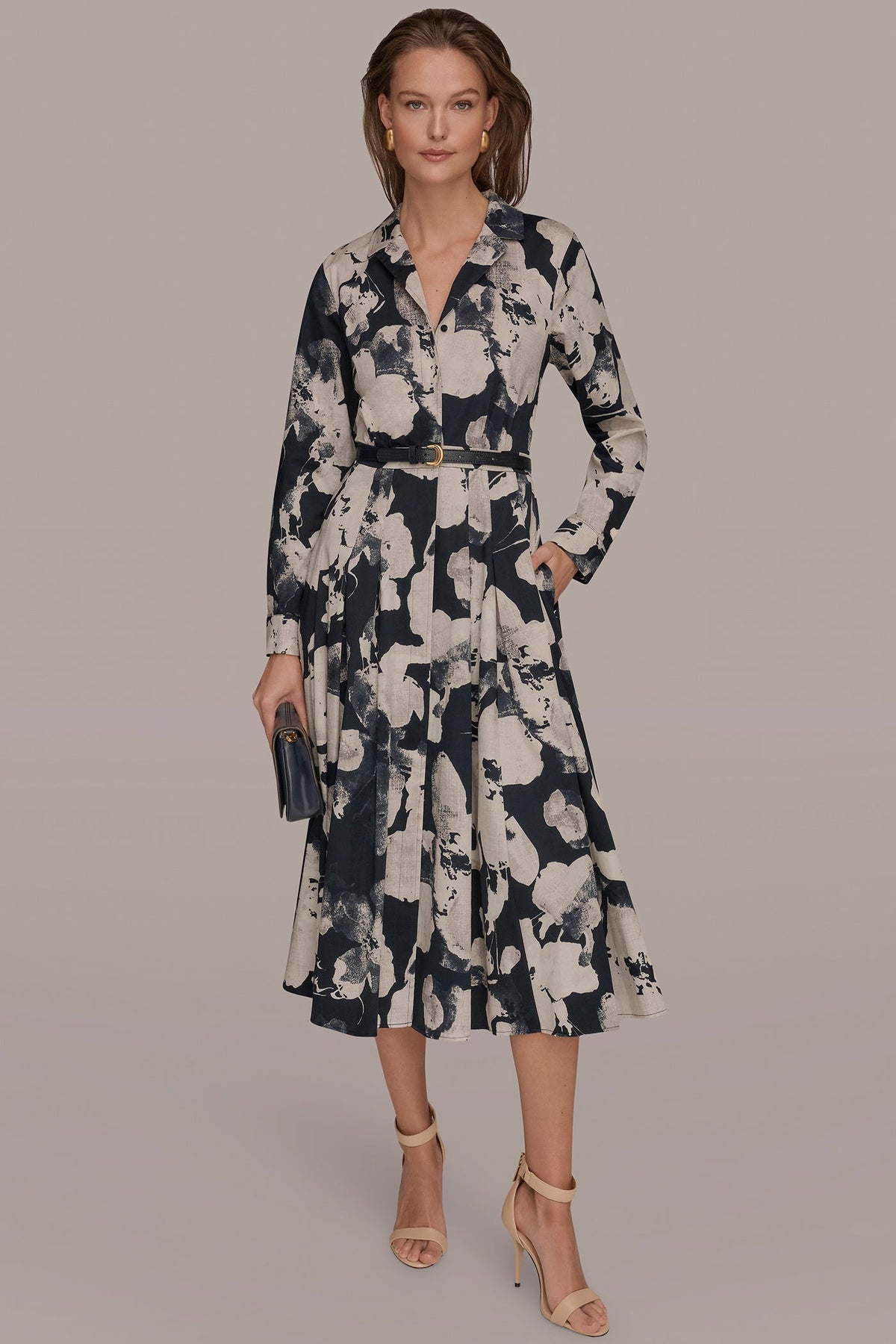 PRINTED LONG-SLEEVE BUTTON-FRONT DRESS