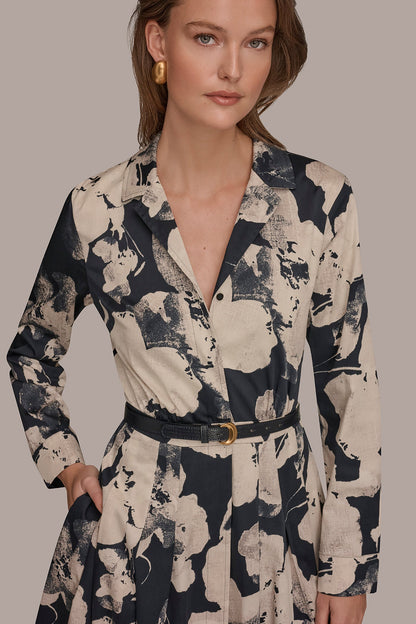 PRINTED LONG-SLEEVE BUTTON-FRONT DRESS