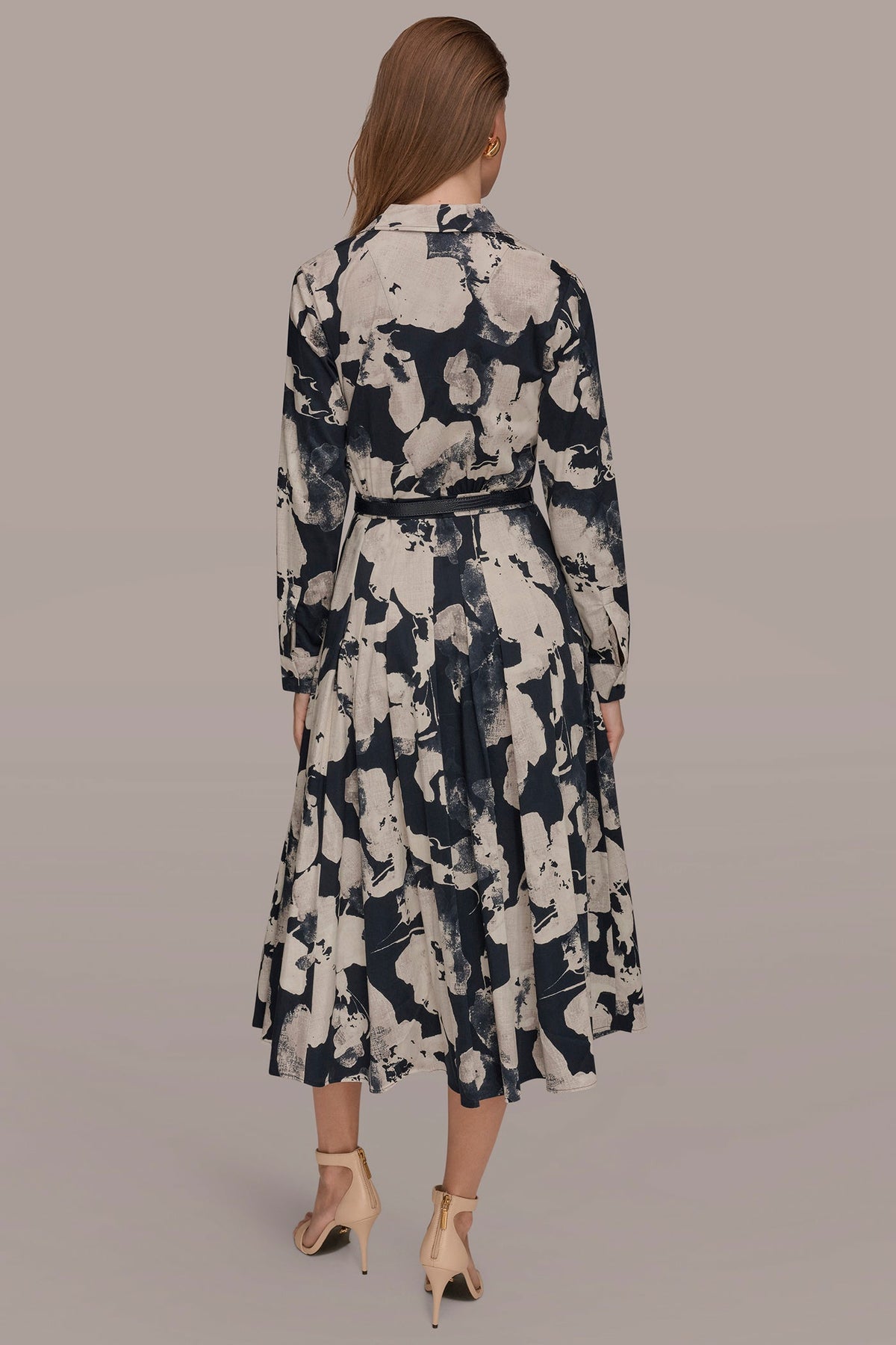 PRINTED LONG-SLEEVE BUTTON-FRONT DRESS