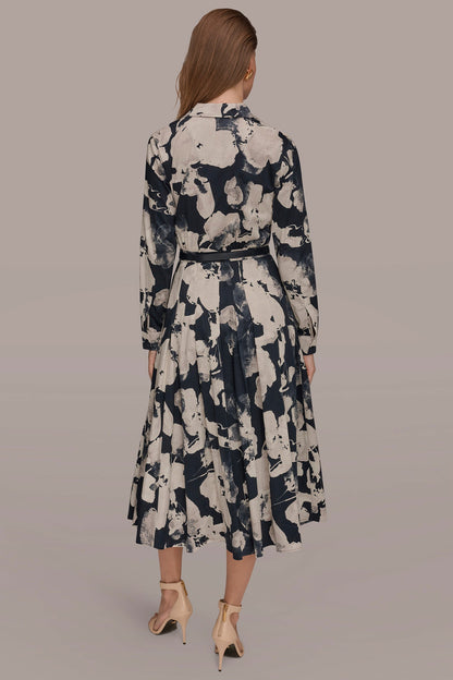 PRINTED LONG-SLEEVE BUTTON-FRONT DRESS