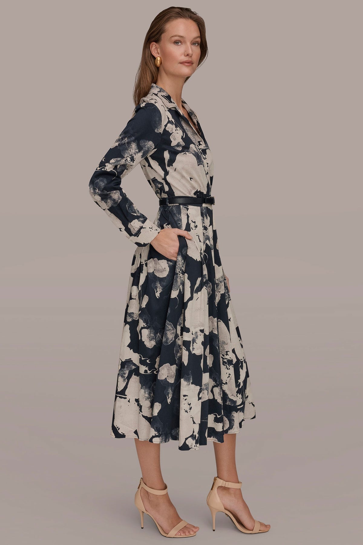 PRINTED LONG-SLEEVE BUTTON-FRONT DRESS
