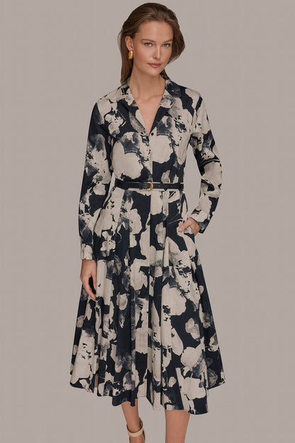 PRINTED LONG-SLEEVE BUTTON-FRONT DRESS