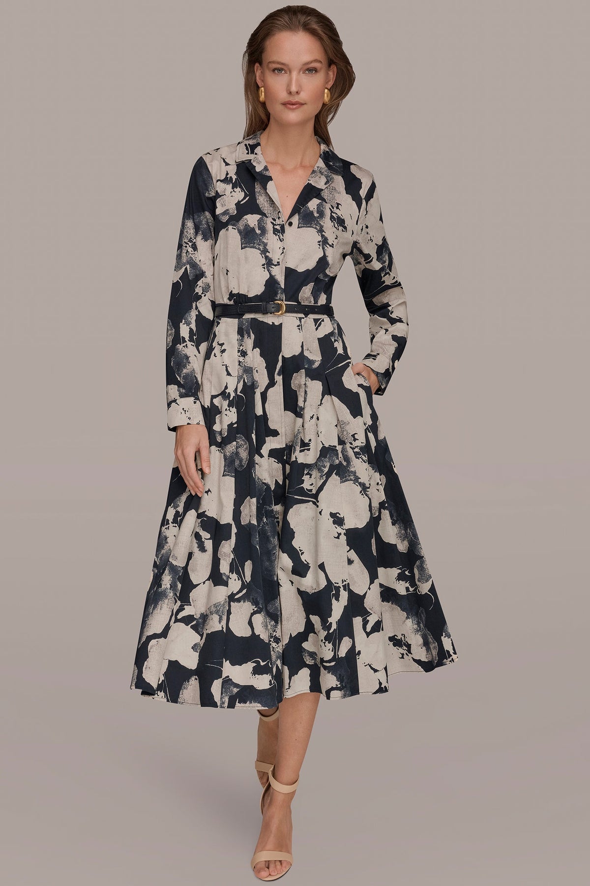 PRINTED LONG-SLEEVE BUTTON-FRONT DRESS