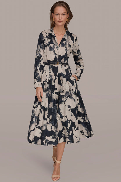 PRINTED LONG-SLEEVE BUTTON-FRONT DRESS