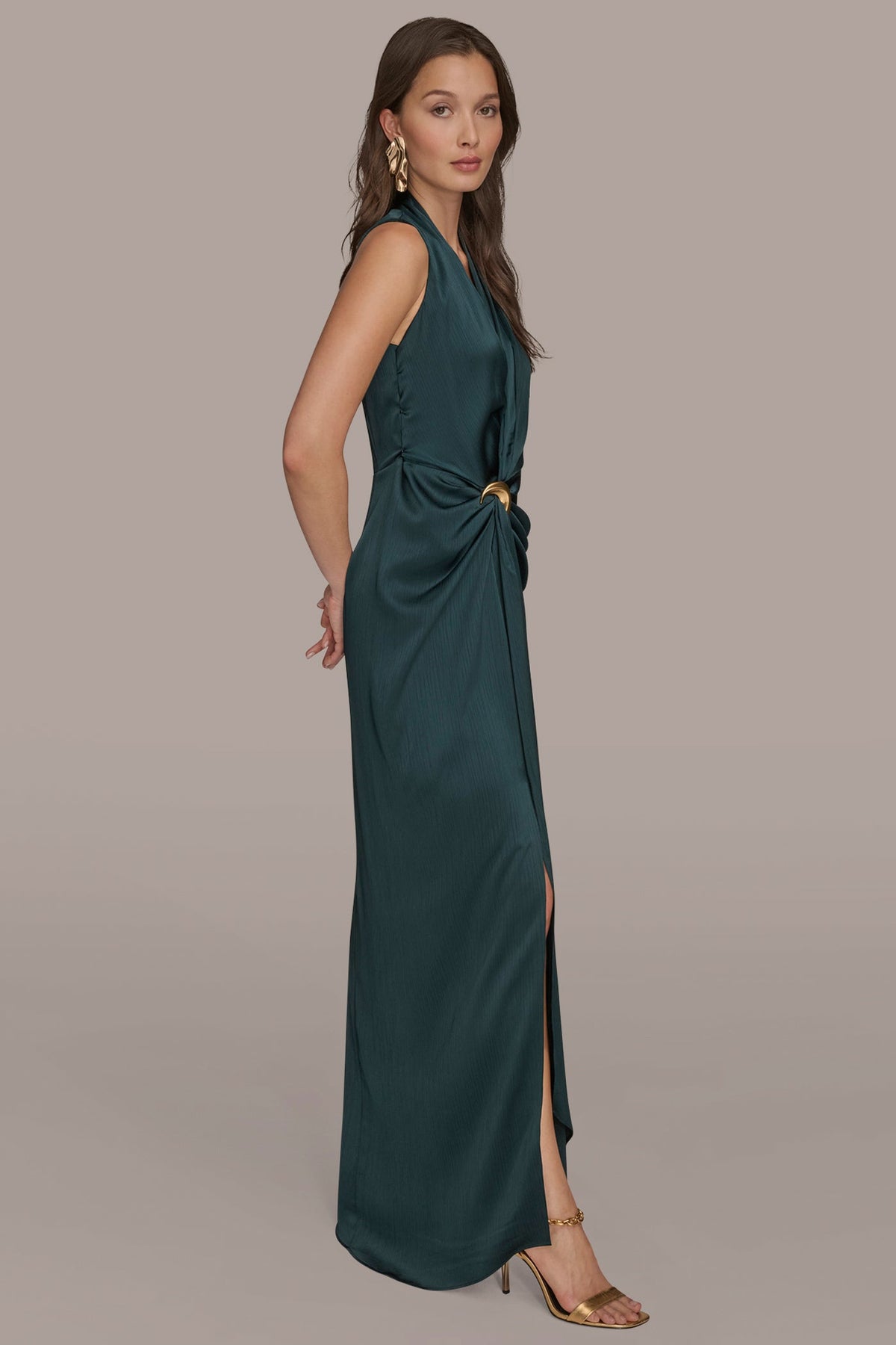 CRINKLE SATIN SLEEVELESS MAXI WRAP DRESS