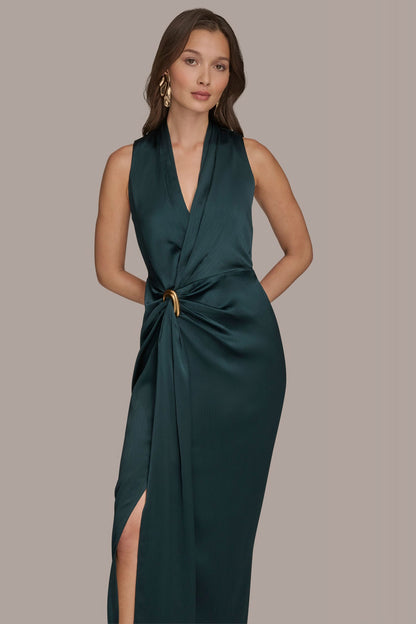 CRINKLE SATIN SLEEVELESS MAXI WRAP DRESS