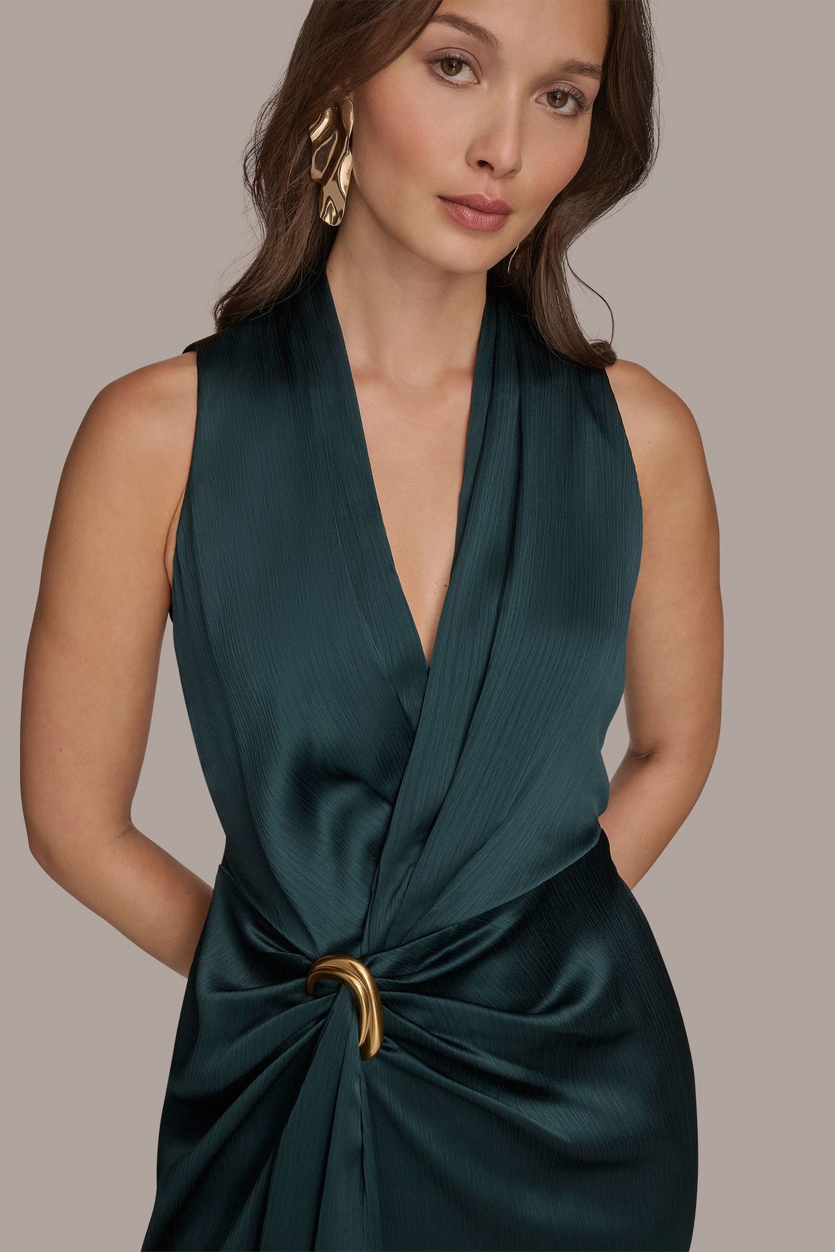 CRINKLE SATIN SLEEVELESS MAXI WRAP DRESS