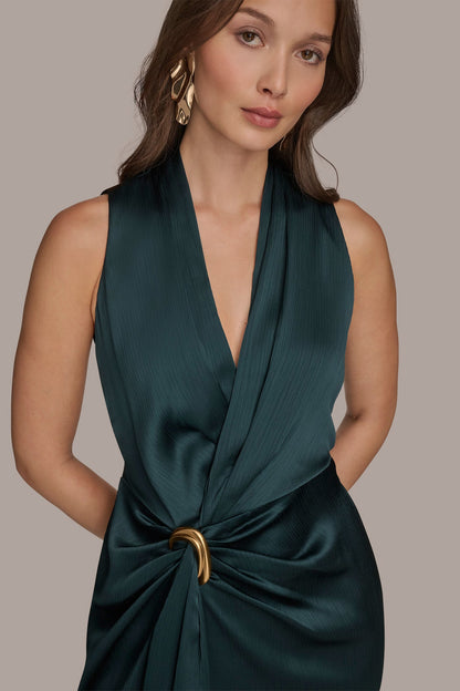CRINKLE SATIN SLEEVELESS MAXI WRAP DRESS