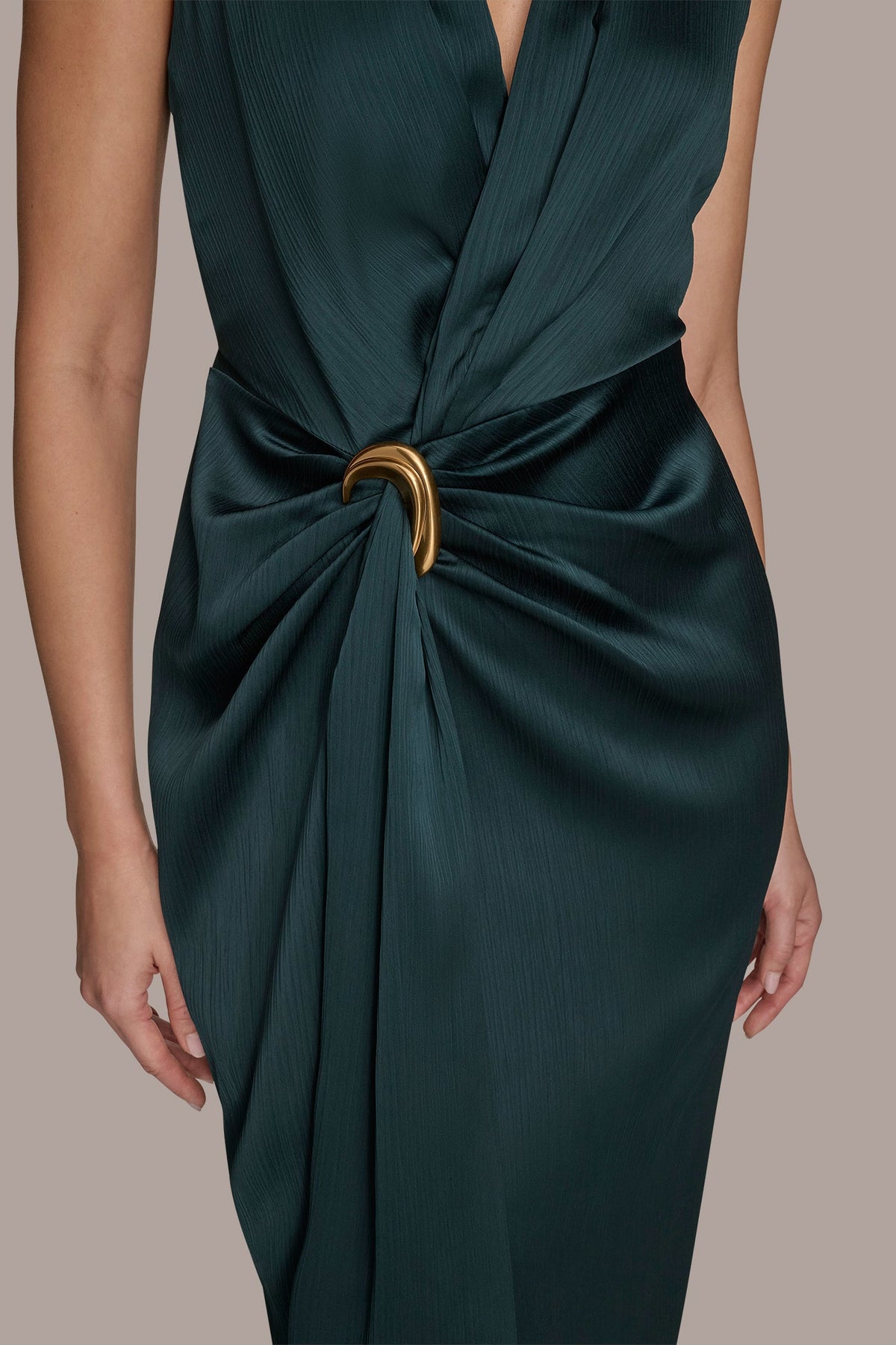 CRINKLE SATIN SLEEVELESS MAXI WRAP DRESS