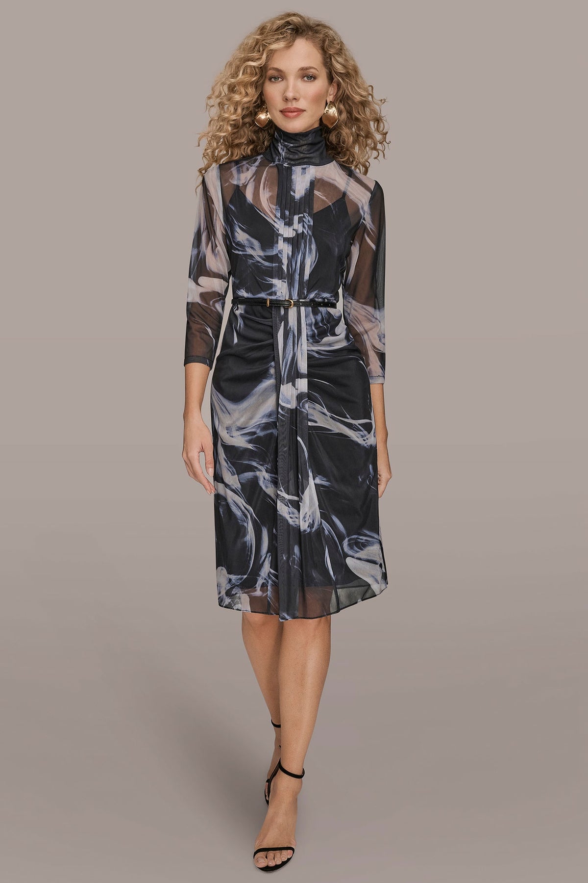 BELTED DRAPED PRINTED DRESS