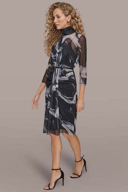 BELTED DRAPED PRINTED DRESS