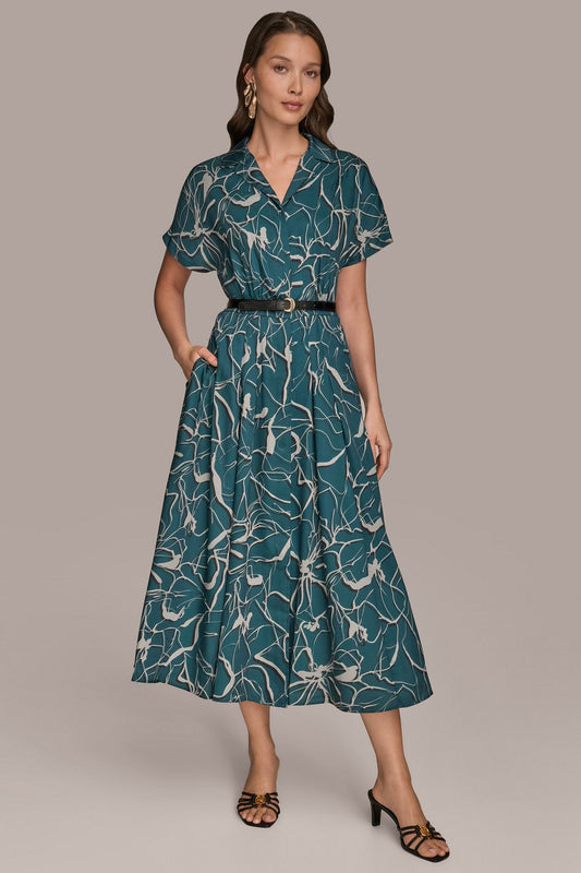 SHORT SLEEVE FLORAL MIDI SHIRT DRESS