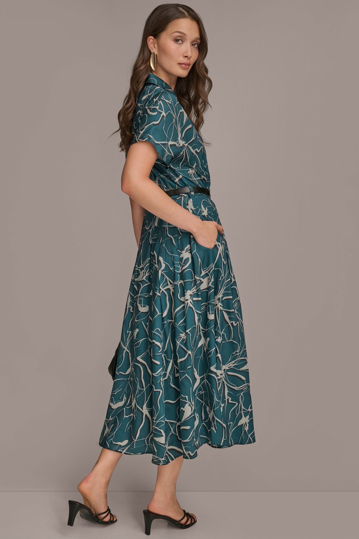 SHORT SLEEVE FLORAL MIDI SHIRT DRESS