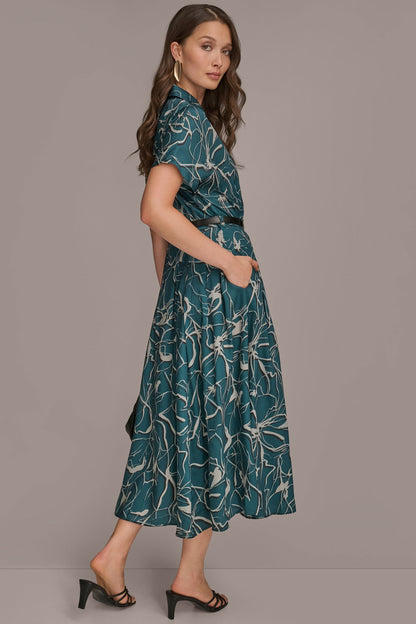 SHORT SLEEVE FLORAL MIDI SHIRT DRESS