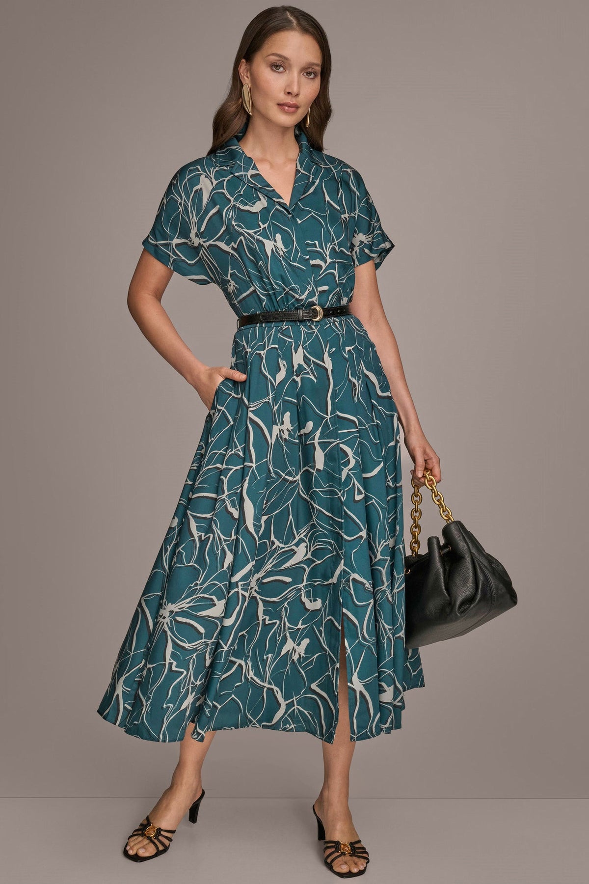 SHORT SLEEVE FLORAL MIDI SHIRT DRESS