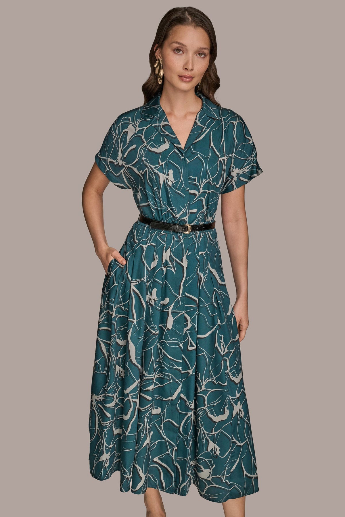 SHORT SLEEVE FLORAL MIDI SHIRT DRESS