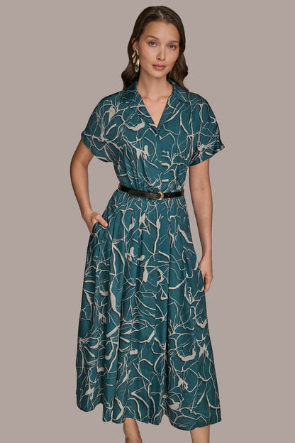 SHORT SLEEVE FLORAL MIDI SHIRT DRESS